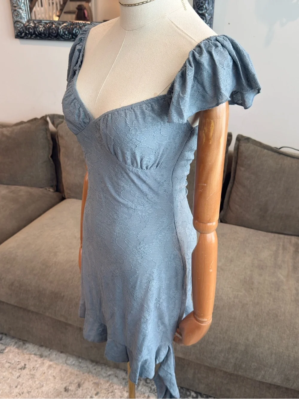 WeWoreWhat Asymmetrical Lace Mini Dress Dusty Blue | Size M - Picture 6 of 13